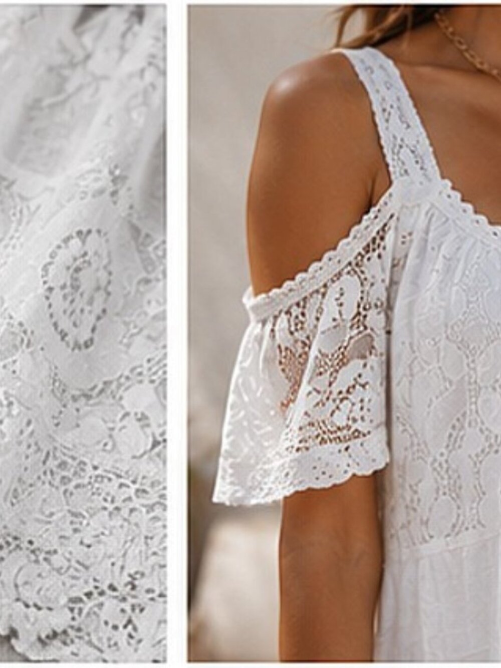 White Lace Boho Cold Shoulder Mini Dress Size L - Picture 6 of 7